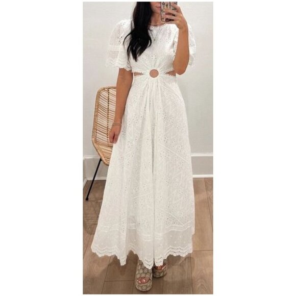 PETAL & PUP Merletto Short Sleeve Cutout Eyelet Maxi Dress in White Size Small - Picture 1 of 15